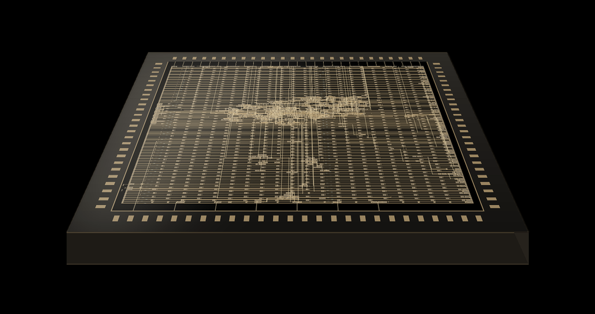 The ORAX Trust LC-100 shown as a packaged part in three-quarter view, its die surface rendered from the submitted GDSII, ringed by gold bond pads.